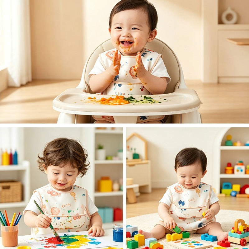 Waterproof Baby Bib Apron for Infant Toddler 0-2 Years Self Feeding, Sleeveless Polyester Feeding Bib with Large Crumb Catcher Pocket, Cartoon Print Wipe Clean Stain Resistant, One Size
