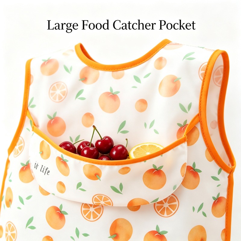 Waterproof Baby Bib Apron for Infant Toddler 0-2 Years Self Feeding, Sleeveless Polyester Feeding Bib with Large Crumb Catcher Pocket, Cartoon Print Wipe Clean Stain Resistant, One Size