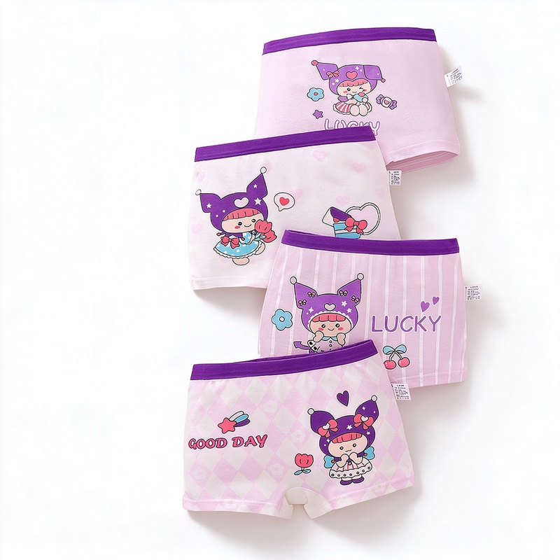 Girls Cotton Boxer Briefs 4 Pack A-Class Soft 95% Cotton 7A Antibacterial Crotch 3D Ergonomic No Ride-Up Wide Waistband Tagless Cute Prints for Girls M-4XL 10-60kg