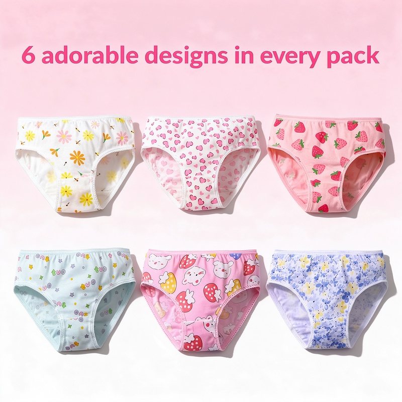 100% Cotton Girls Briefs 6 Pack, Soft Breathable Triangle Underwear for Baby Girls 7-13kg, Picot Lace Edge Elastic Waistband, Assorted Cute Prints, 3 Sizes by Weight