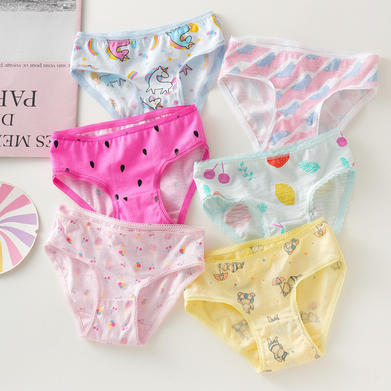 100% Cotton Girls Briefs 6 Pack, Soft Breathable Triangle Underwear for Baby Girls 7-13kg, Picot Lace Edge Elastic Waistband, Assorted Cute Prints, 3 Sizes by Weight