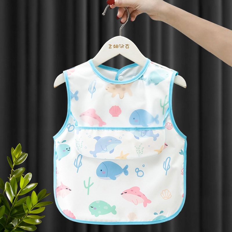 Waterproof Baby Bib Apron for Infant Toddler 0-2 Years Self Feeding, Sleeveless Polyester Feeding Bib with Large Crumb Catcher Pocket, Cartoon Print Wipe Clean Stain Resistant, One Size