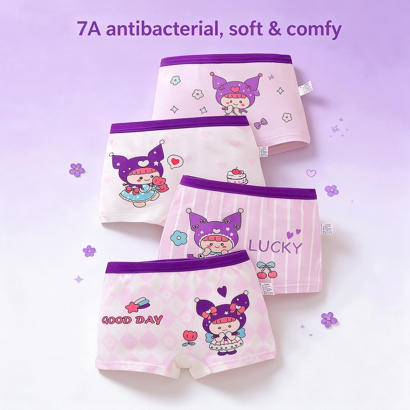 Girls Cotton Boxer Briefs 4 Pack A-Class Soft 95% Cotton 7A Antibacterial Crotch 3D Ergonomic No Ride-Up Wide Waistband Tagless Cute Prints for Girls M-4XL 10-60kg