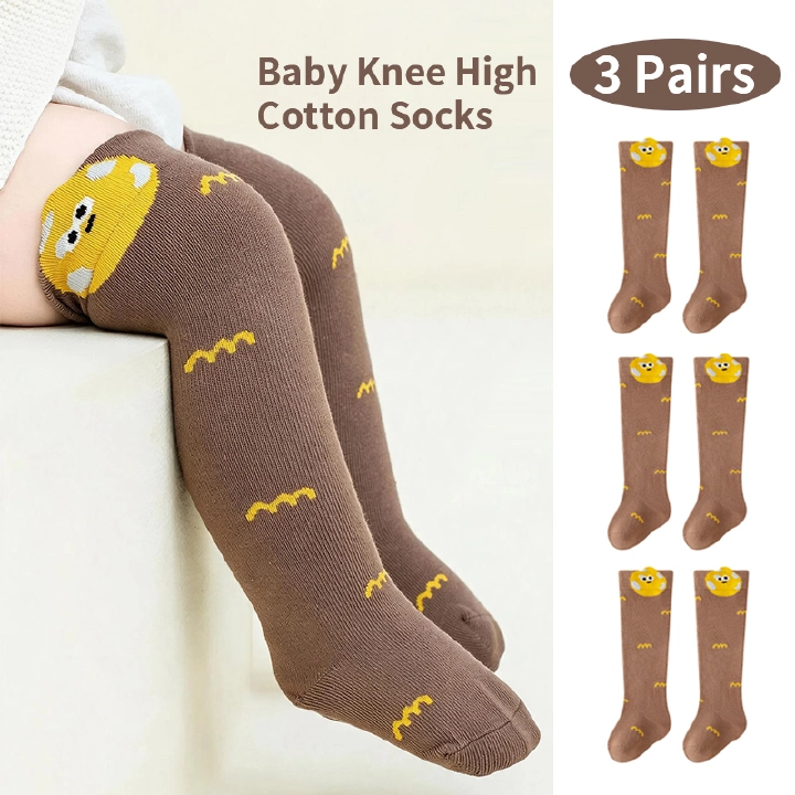 3 Pairs Baby Knee High Cotton Socks, Seamless Toe Infant Long Socks, Loose Cuff Anti Binding Toddler Socks, Cute Cartoon Breathable Baby Stockings For 0-3 Years Boys Girls