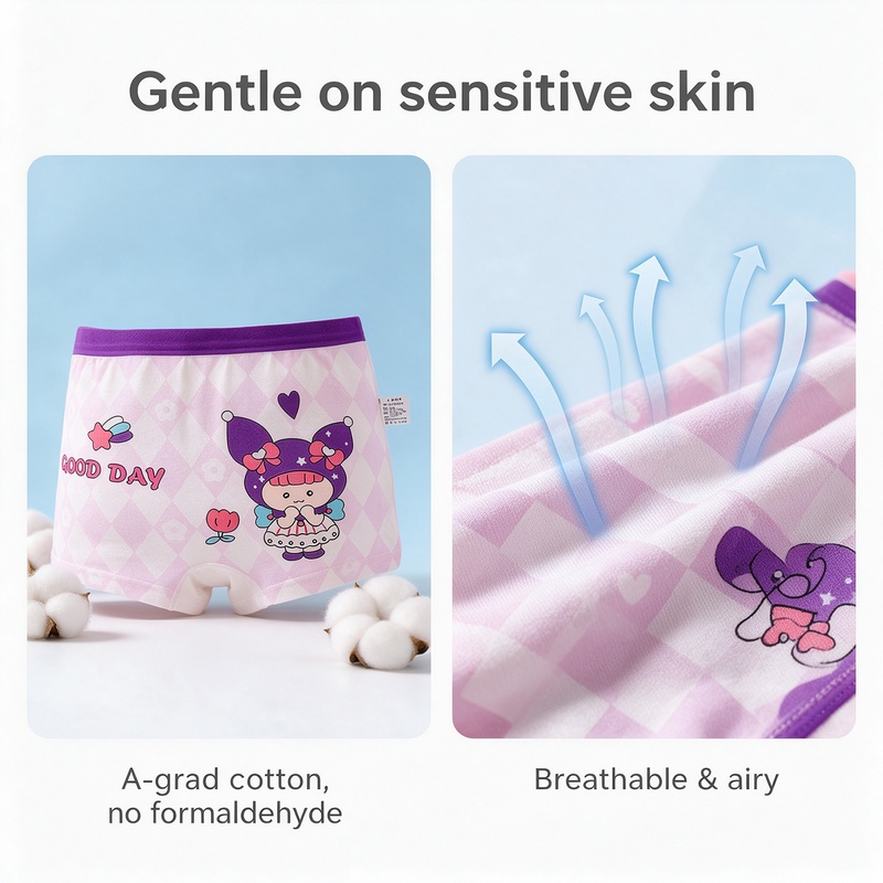 Girls Cotton Boxer Briefs 4 Pack A-Class Soft 95% Cotton 7A Antibacterial Crotch 3D Ergonomic No Ride-Up Wide Waistband Tagless Cute Prints for Girls M-4XL 10-60kg