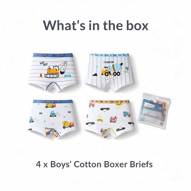 Boys Cotton Boxer Briefs 4 Pack A-Class Soft 95% Cotton 5% Elastane Antibacterial Mesh U-Shape Crotch Wide Waistband Cartoon Prints for Boys 8-38kg
