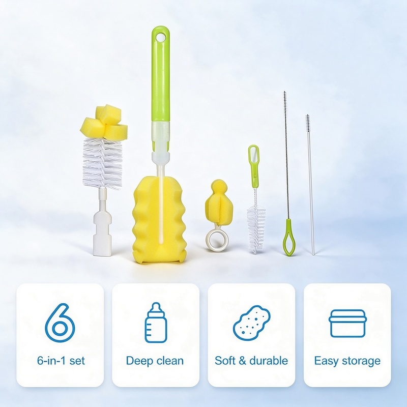Baby Bottle Brush Set 6 Pack, Sponge Bottle Cleaner with Nylon Nipple Brush and Straw Brushes, Long Handle Cleaning Kit for Infant Bottles Cups Tumblers, Blister Pack