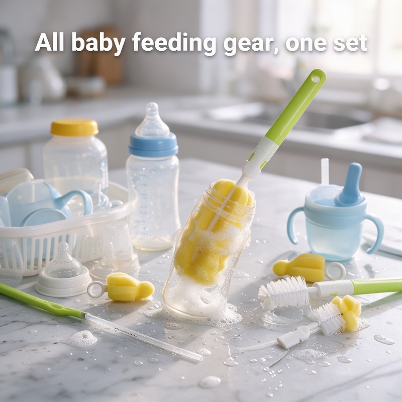 Baby Bottle Brush Set 6 Pack, Sponge Bottle Cleaner with Nylon Nipple Brush and Straw Brushes, Long Handle Cleaning Kit for Infant Bottles Cups Tumblers, Blister Pack