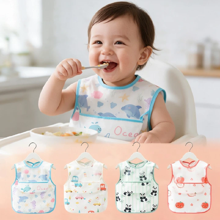 Waterproof Baby Bib Apron for Infant Toddler 0-2 Years Self Feeding, Sleeveless Polyester Feeding Bib with Large Crumb Catcher Pocket, Cartoon Print Wipe Clean Stain Resistant, One Size