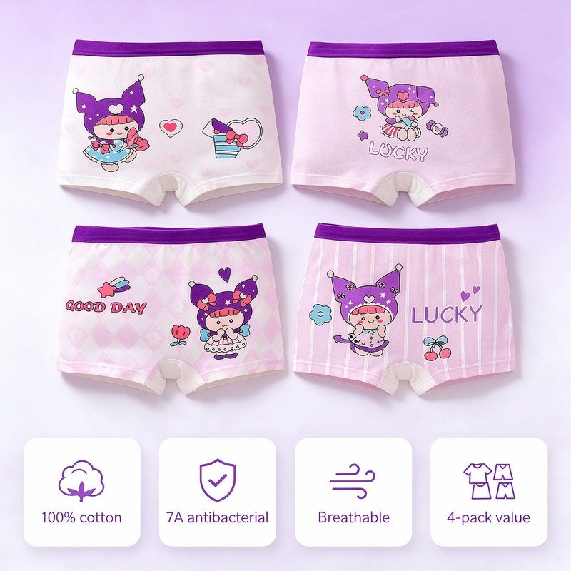 Girls Cotton Boxer Briefs 4 Pack A-Class Soft 95% Cotton 7A Antibacterial Crotch 3D Ergonomic No Ride-Up Wide Waistband Tagless Cute Prints for Girls M-4XL 10-60kg