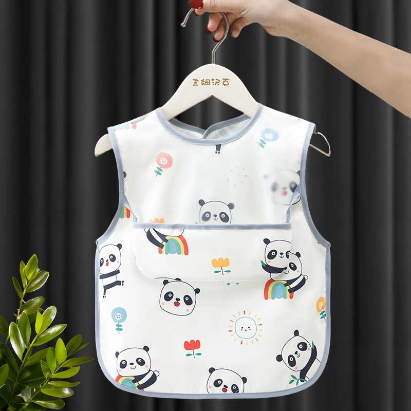 Waterproof Baby Bib Apron for Infant Toddler 0-2 Years Self Feeding, Sleeveless Polyester Feeding Bib with Large Crumb Catcher Pocket, Cartoon Print Wipe Clean Stain Resistant, One Size