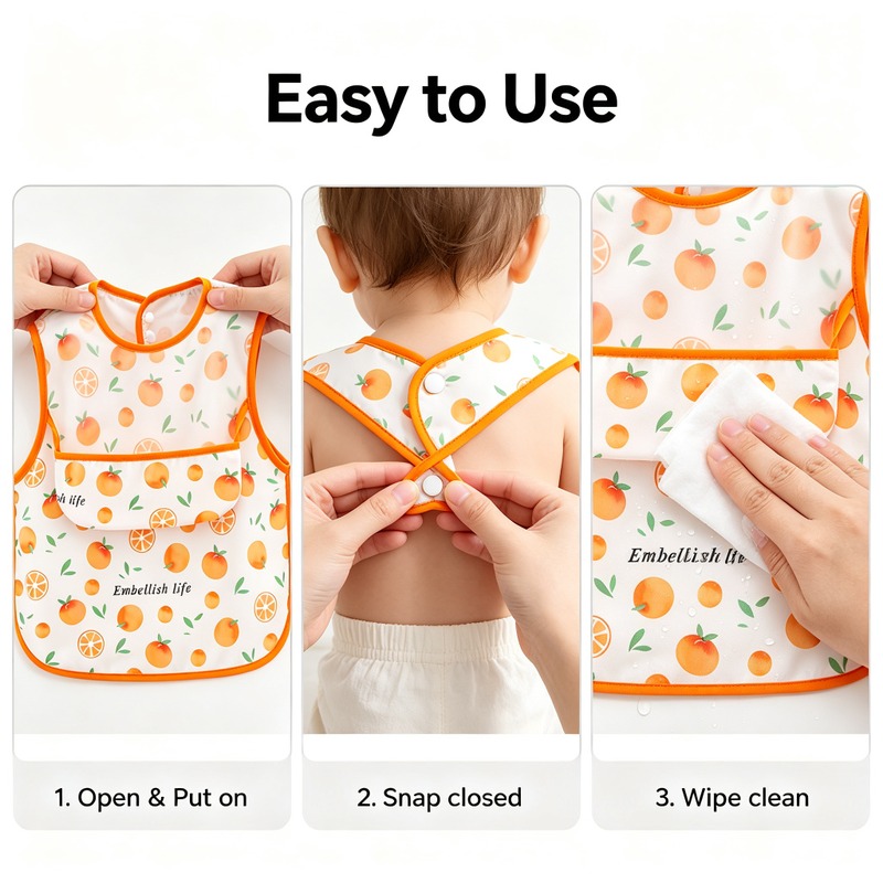 Waterproof Baby Bib Apron for Infant Toddler 0-2 Years Self Feeding, Sleeveless Polyester Feeding Bib with Large Crumb Catcher Pocket, Cartoon Print Wipe Clean Stain Resistant, One Size
