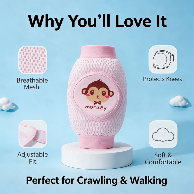 Baby Knee Pads for Crawling, Breathable Mesh Baby Anti-Fall Knee Protectors with Sponge Padding, Elastic Adjustable, for Toddlers 0-3 Years, Walking and Playing, 4 Colors