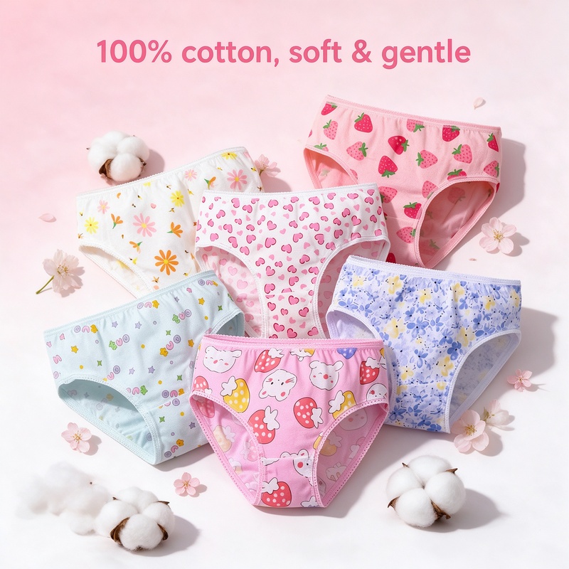 100% Cotton Girls Briefs 6 Pack, Soft Breathable Triangle Underwear for Baby Girls 7-13kg, Picot Lace Edge Elastic Waistband, Assorted Cute Prints, 3 Sizes by Weight