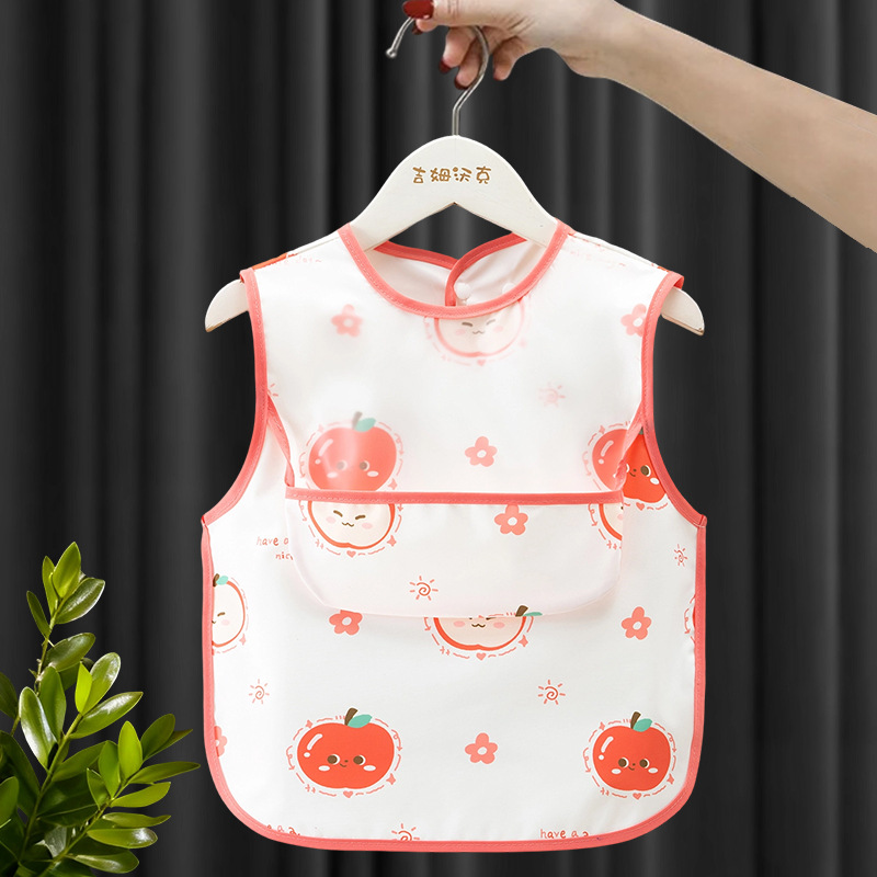Waterproof Baby Bib Apron for Infant Toddler 0-2 Years Self Feeding, Sleeveless Polyester Feeding Bib with Large Crumb Catcher Pocket, Cartoon Print Wipe Clean Stain Resistant, One Size