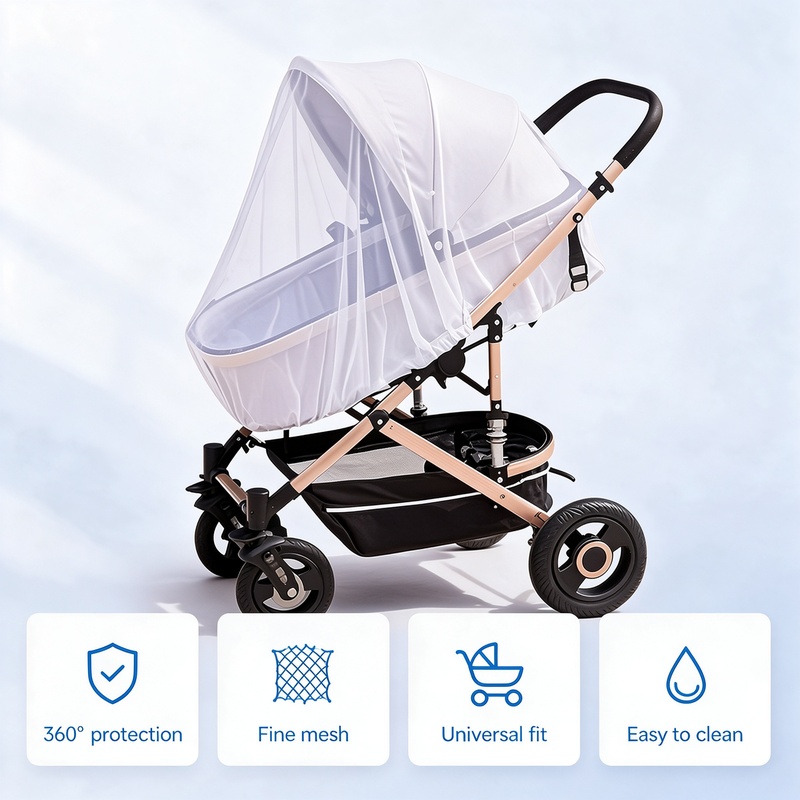 Universal Baby Stroller Mosquito Net Full Cover, Dense Mesh Insect Netting for Infant Pushchair Pram, 360 Degree Protection Easy Install, Fits Most Strollers, Cream White