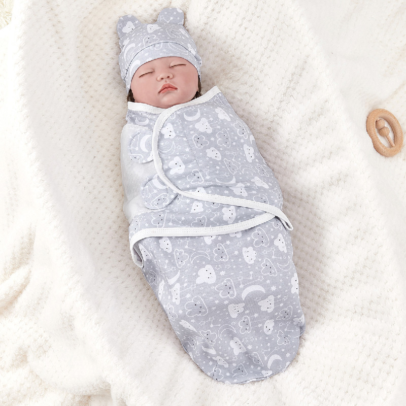 Newborn Baby Swaddle Wrap and Hat Set, 100% Cotton Adjustable Infant Sleep Sack Envelope Swaddling Blanket, Cartoon Animal Print Sleeping Bag for 0-3 Months Newborn, Soft Breathable, 1 Set