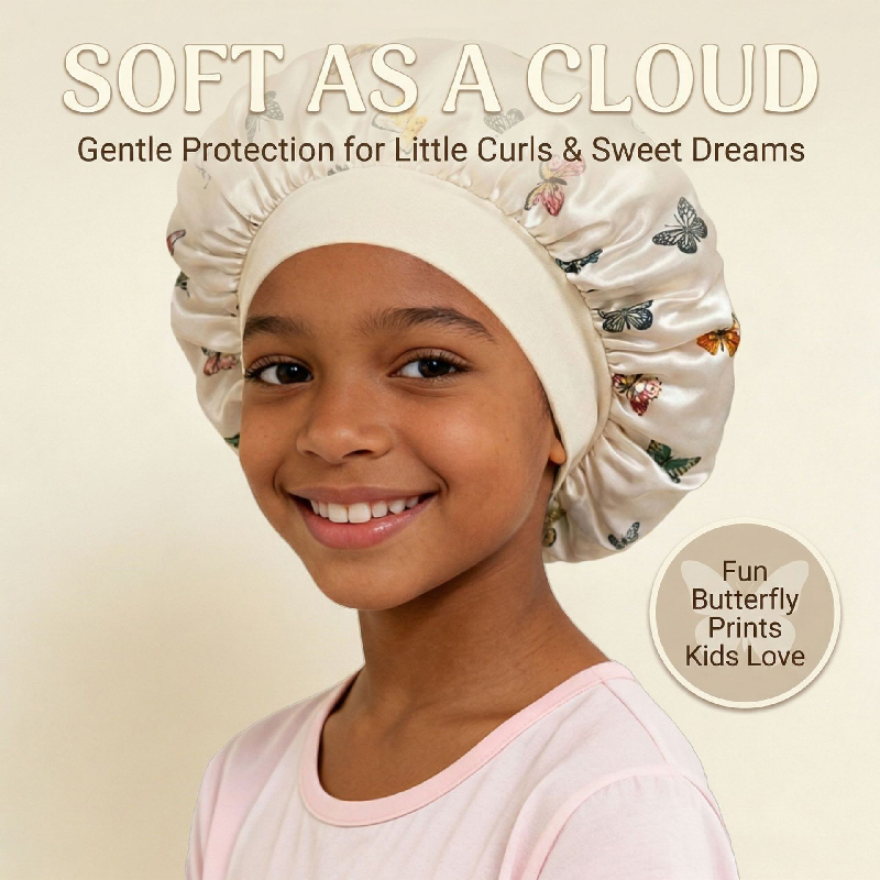 Kids Satin Sleep Bonnet Butterfly Print, Soft Elastic Hair Bonnet for Baby Girls Toddlers, Breathable Night Cap Protects Curly Hair, Prevents Tangles Frizz, Machine Washable, Multiple Colors