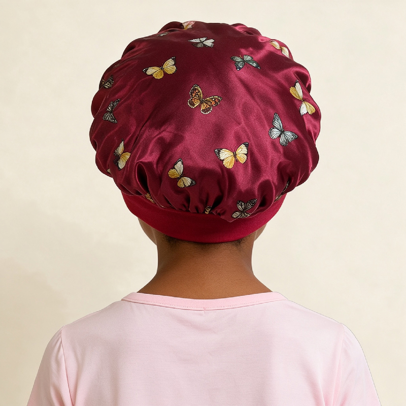 Kids Satin Sleep Bonnet Butterfly Print, Soft Elastic Hair Bonnet for Baby Girls Toddlers, Breathable Night Cap Protects Curly Hair, Prevents Tangles Frizz, Machine Washable, Multiple Colors