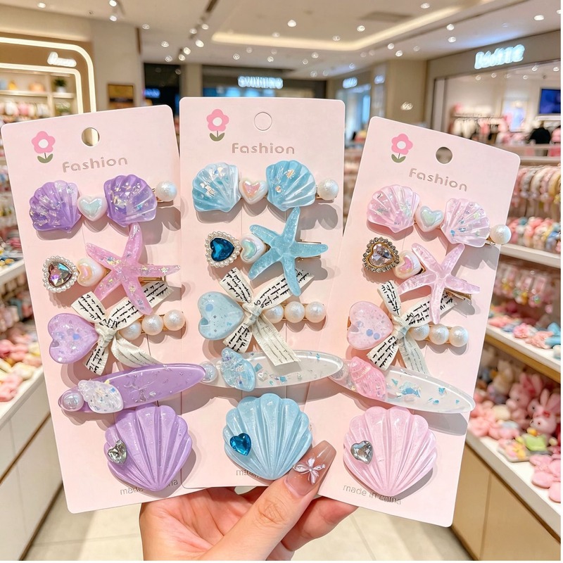 Ocean Style Kids Hair Clips Set for Girls, Handmade Sea Shell Starfish Pearl Fish Tail Hair Barrettes Princess Hair Accessories, Mixed Material Cute Sweet Design, 5 Pcs in 1 Card