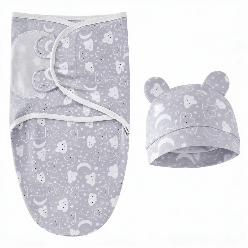 Newborn Baby Swaddle Wrap and Hat Set, 100% Cotton Adjustable Infant Sleep Sack Envelope Swaddling Blanket, Cartoon Animal Print Sleeping Bag for 0-3 Months Newborn, Soft Breathable, 1 Set