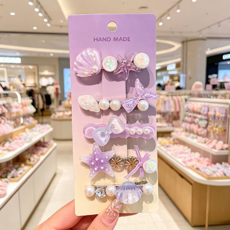 Ocean Style Kids Hair Clips Set for Girls, Handmade Sea Shell Starfish Pearl Fish Tail Hair Barrettes Princess Hair Accessories, Mixed Material Cute Sweet Design, 5 Pcs in 1 Card