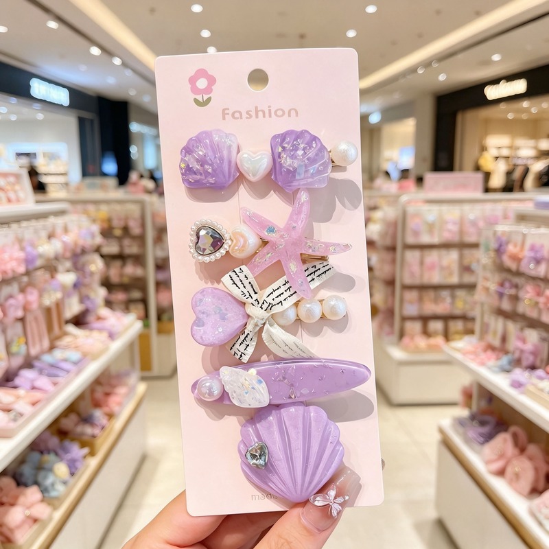 Ocean Style Kids Hair Clips Set for Girls, Handmade Sea Shell Starfish Pearl Fish Tail Hair Barrettes Princess Hair Accessories, Mixed Material Cute Sweet Design, 5 Pcs in 1 Card