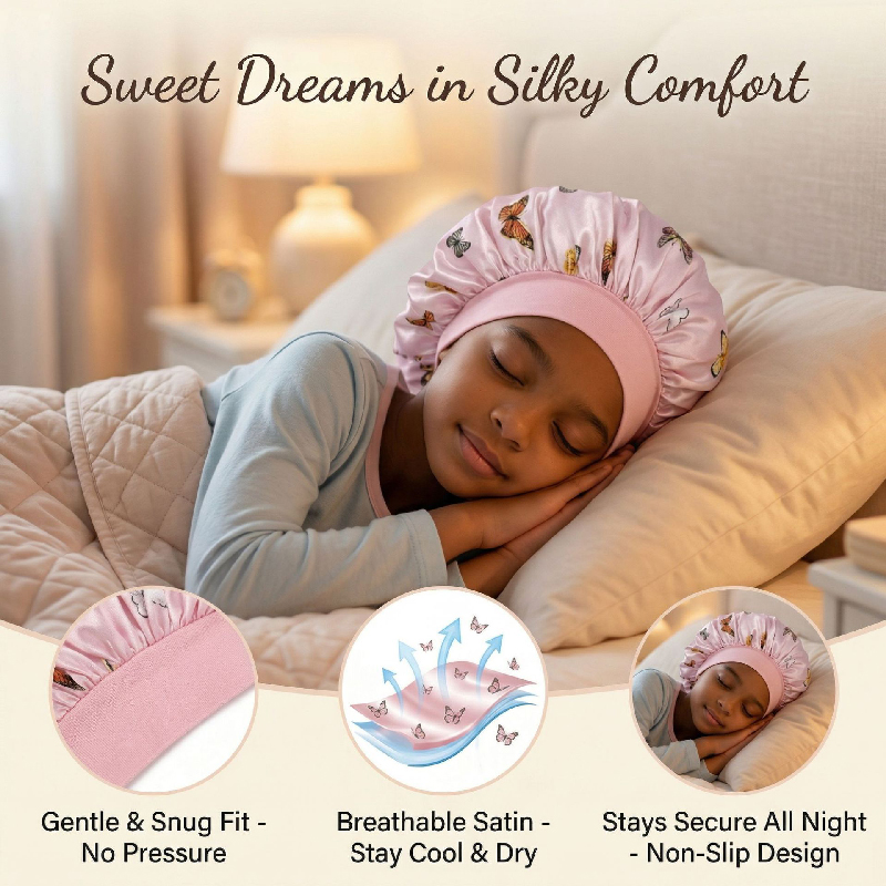 Kids Satin Sleep Bonnet Butterfly Print, Soft Elastic Hair Bonnet for Baby Girls Toddlers, Breathable Night Cap Protects Curly Hair, Prevents Tangles Frizz, Machine Washable, Multiple Colors