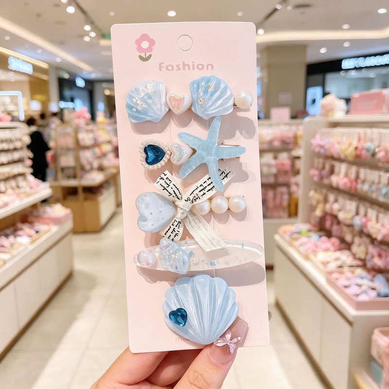 Ocean Style Kids Hair Clips Set for Girls, Handmade Sea Shell Starfish Pearl Fish Tail Hair Barrettes Princess Hair Accessories, Mixed Material Cute Sweet Design, 5 Pcs in 1 Card