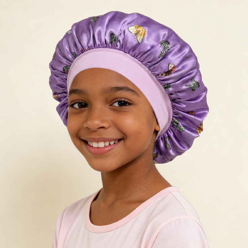 Kids Satin Sleep Bonnet Butterfly Print, Soft Elastic Hair Bonnet for Baby Girls Toddlers, Breathable Night Cap Protects Curly Hair, Prevents Tangles Frizz, Machine Washable, Multiple Colors