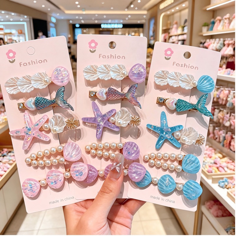Ocean Style Kids Hair Clips Set for Girls, Handmade Sea Shell Starfish Pearl Fish Tail Hair Barrettes Princess Hair Accessories, Mixed Material Cute Sweet Design, 5 Pcs in 1 Card