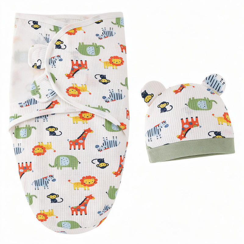 Newborn Baby Swaddle Wrap and Hat Set, 100% Cotton Adjustable Infant Sleep Sack Envelope Swaddling Blanket, Cartoon Animal Print Sleeping Bag for 0-3 Months Newborn, Soft Breathable, 1 Set
