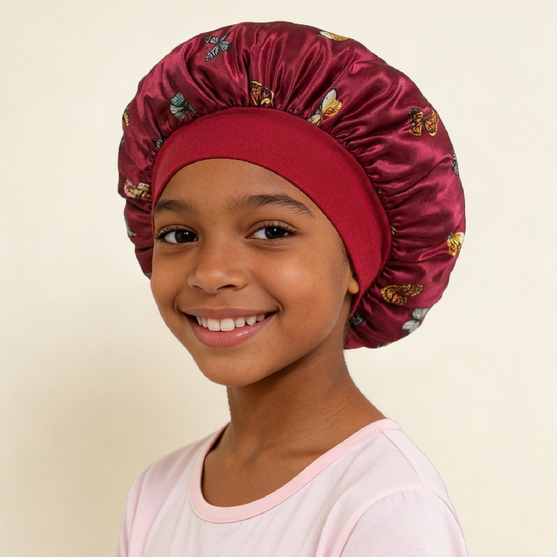 Kids Satin Sleep Bonnet Butterfly Print, Soft Elastic Hair Bonnet for Baby Girls Toddlers, Breathable Night Cap Protects Curly Hair, Prevents Tangles Frizz, Machine Washable, Multiple Colors