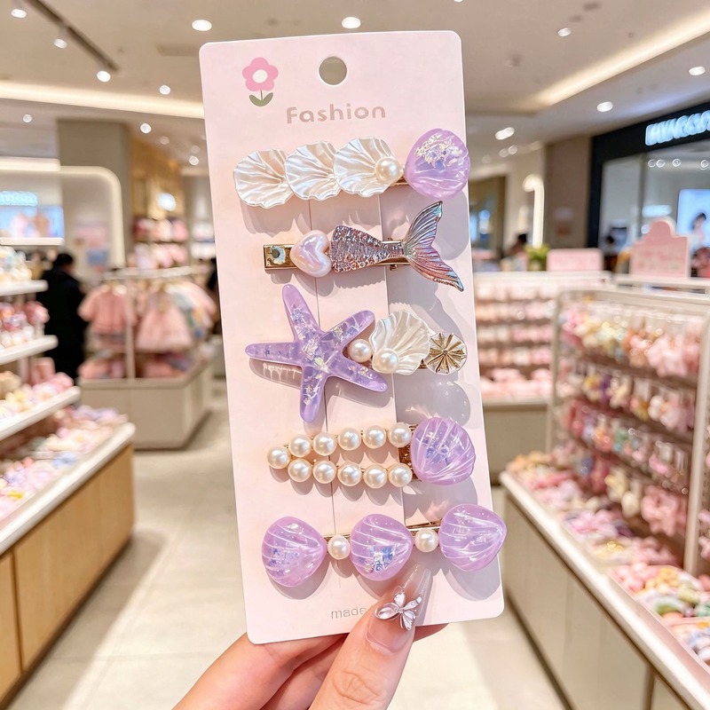 Ocean Style Kids Hair Clips Set for Girls, Handmade Sea Shell Starfish Pearl Fish Tail Hair Barrettes Princess Hair Accessories, Mixed Material Cute Sweet Design, 5 Pcs in 1 Card