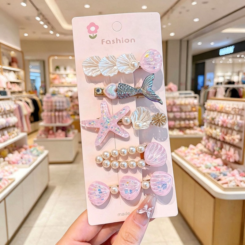 Ocean Style Kids Hair Clips Set for Girls, Handmade Sea Shell Starfish Pearl Fish Tail Hair Barrettes Princess Hair Accessories, Mixed Material Cute Sweet Design, 5 Pcs in 1 Card