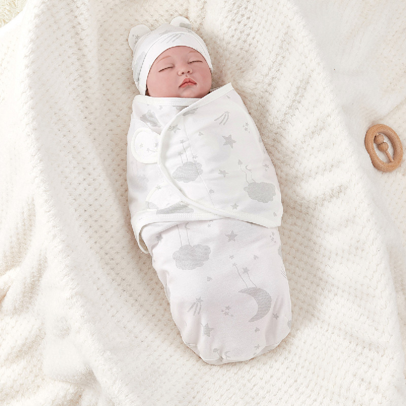 Newborn Baby Swaddle Wrap and Hat Set, 100% Cotton Adjustable Infant Sleep Sack Envelope Swaddling Blanket, Cartoon Animal Print Sleeping Bag for 0-3 Months Newborn, Soft Breathable, 1 Set