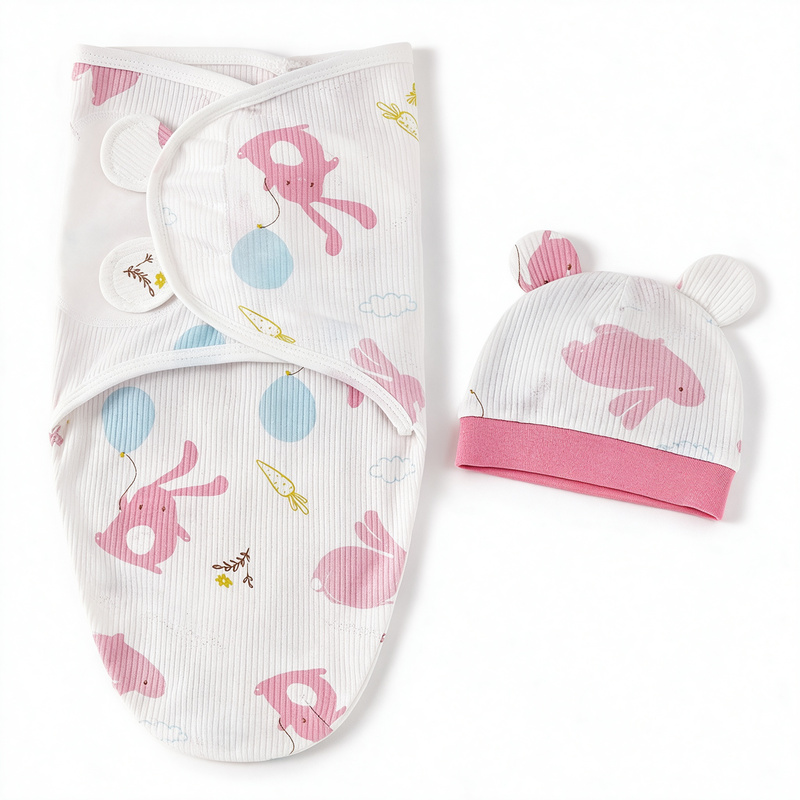 Newborn Baby Swaddle Wrap and Hat Set, 100% Cotton Adjustable Infant Sleep Sack Envelope Swaddling Blanket, Cartoon Animal Print Sleeping Bag for 0-3 Months Newborn, Soft Breathable, 1 Set