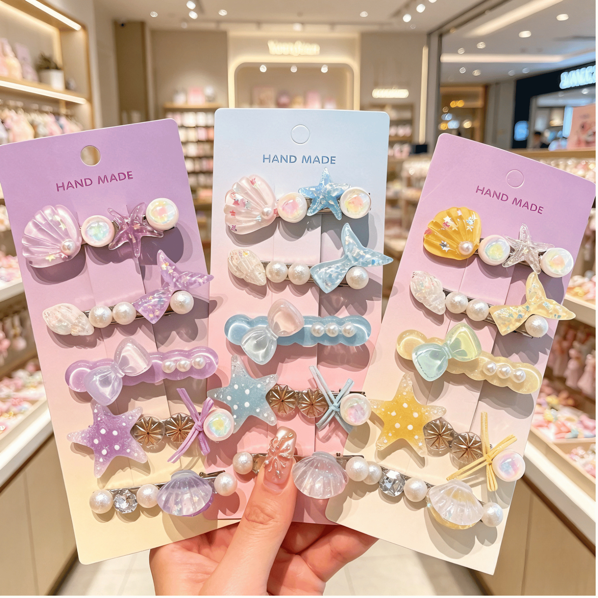 Ocean Style Kids Hair Clips Set for Girls, Handmade Sea Shell Starfish Pearl Fish Tail Hair Barrettes Princess Hair Accessories, Mixed Material Cute Sweet Design, 5 Pcs in 1 Card