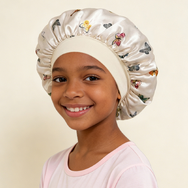 Kids Satin Sleep Bonnet Butterfly Print, Soft Elastic Hair Bonnet for Baby Girls Toddlers, Breathable Night Cap Protects Curly Hair, Prevents Tangles Frizz, Machine Washable, Multiple Colors