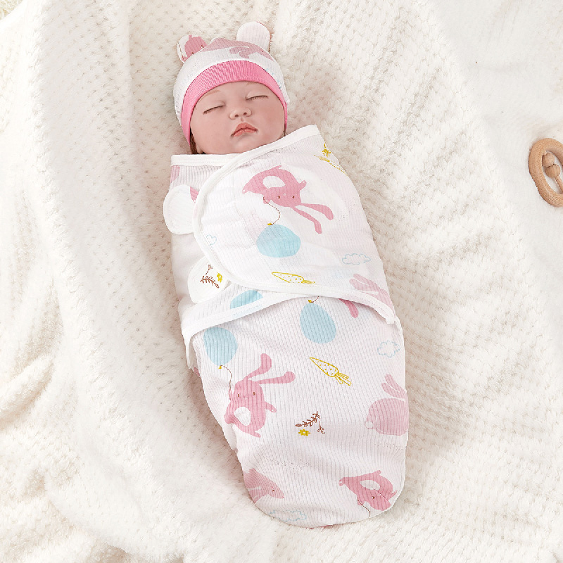 Newborn Baby Swaddle Wrap and Hat Set, 100% Cotton Adjustable Infant Sleep Sack Envelope Swaddling Blanket, Cartoon Animal Print Sleeping Bag for 0-3 Months Newborn, Soft Breathable, 1 Set
