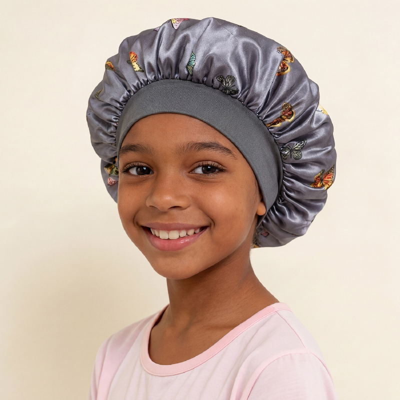 Kids Satin Sleep Bonnet Butterfly Print, Soft Elastic Hair Bonnet for Baby Girls Toddlers, Breathable Night Cap Protects Curly Hair, Prevents Tangles Frizz, Machine Washable, Multiple Colors