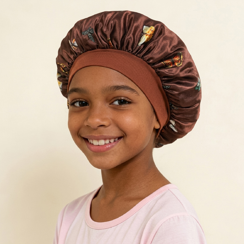 Kids Satin Sleep Bonnet Butterfly Print, Soft Elastic Hair Bonnet for Baby Girls Toddlers, Breathable Night Cap Protects Curly Hair, Prevents Tangles Frizz, Machine Washable, Multiple Colors