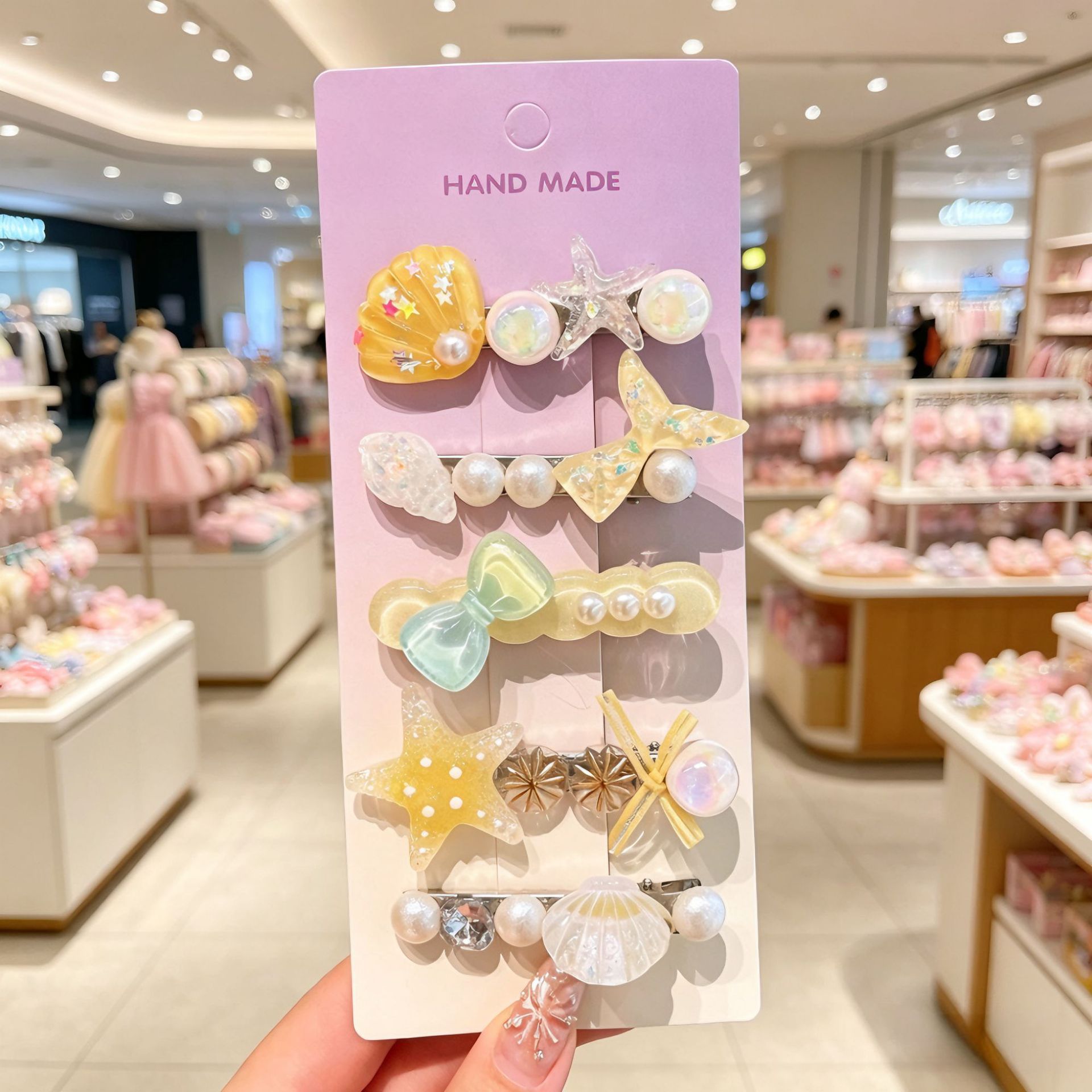 Ocean Style Kids Hair Clips Set for Girls, Handmade Sea Shell Starfish Pearl Fish Tail Hair Barrettes Princess Hair Accessories, Mixed Material Cute Sweet Design, 5 Pcs in 1 Card