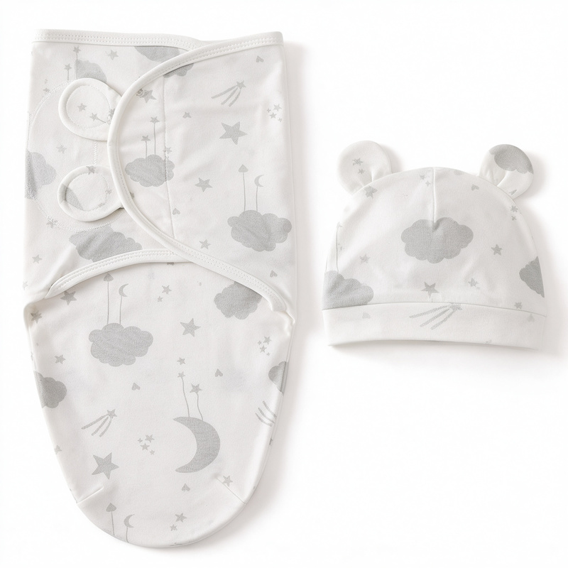 Newborn Baby Swaddle Wrap and Hat Set, 100% Cotton Adjustable Infant Sleep Sack Envelope Swaddling Blanket, Cartoon Animal Print Sleeping Bag for 0-3 Months Newborn, Soft Breathable, 1 Set