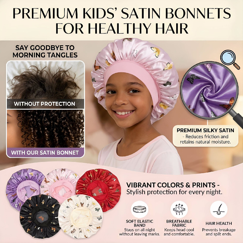 Kids Satin Sleep Bonnet Butterfly Print, Soft Elastic Hair Bonnet for Baby Girls Toddlers, Breathable Night Cap Protects Curly Hair, Prevents Tangles Frizz, Machine Washable, Multiple Colors