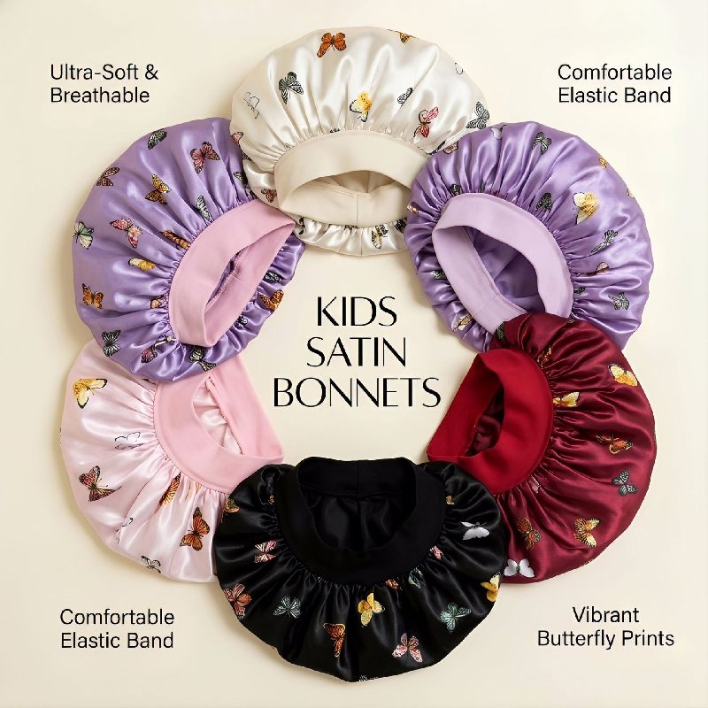 Kids Satin Sleep Bonnet Butterfly Print, Soft Elastic Hair Bonnet for Baby Girls Toddlers, Breathable Night Cap Protects Curly Hair, Prevents Tangles Frizz, Machine Washable, Multiple Colors