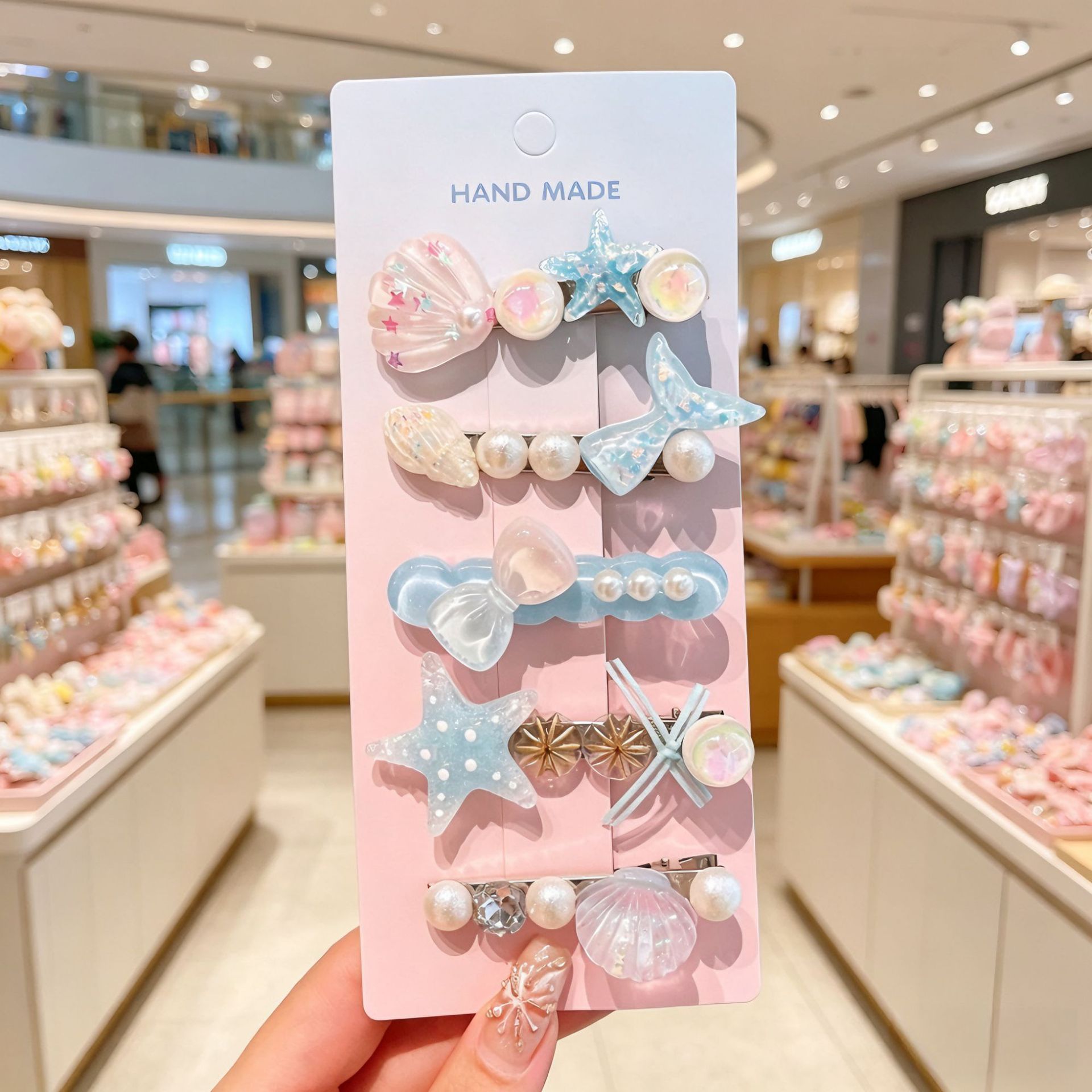 Ocean Style Kids Hair Clips Set for Girls, Handmade Sea Shell Starfish Pearl Fish Tail Hair Barrettes Princess Hair Accessories, Mixed Material Cute Sweet Design, 5 Pcs in 1 Card