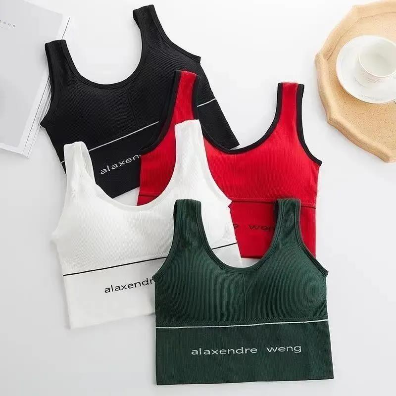 Ribbed Crop Tank Tops for Women U-Neck Sleeveless Sports Bras with Built-in Bra, Casual Workout Camisole with Letter Print