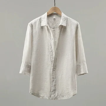 926 Pure Linen Men's Shirt - White, 3/4 Sleeve, Loose Fit, Breathable