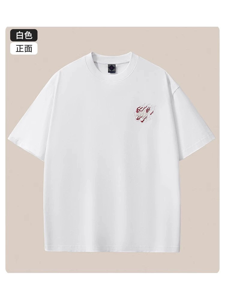 Summer New 260g Heavyweight Pure Cotton Short Sleeve T-shirt Men Chinese Style Embroidery Loose Shoulder Large Size Men's Clothing Wholesale